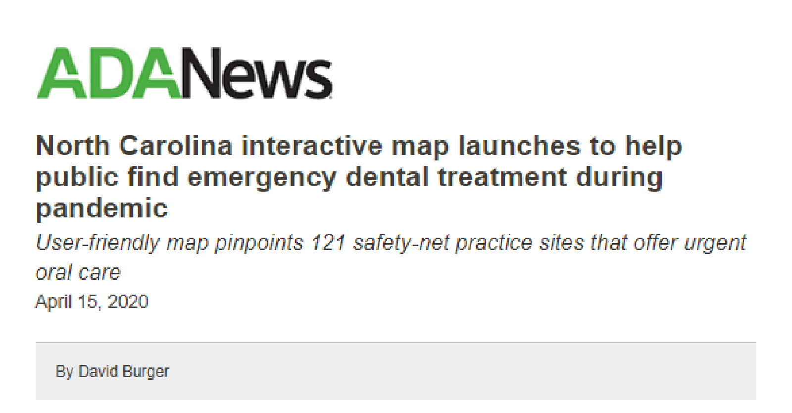 North Carolina Interactive Map Launches to Help Public Find Emergency Dental Treatment During Pandemic