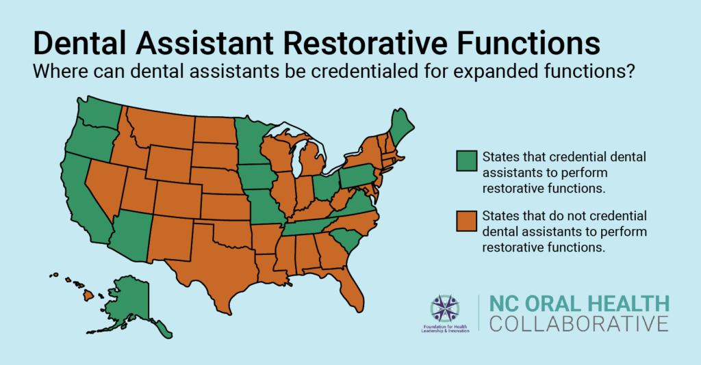 Map highlighting states in the US where dental assistants can be credentialed for expanded restorative functions