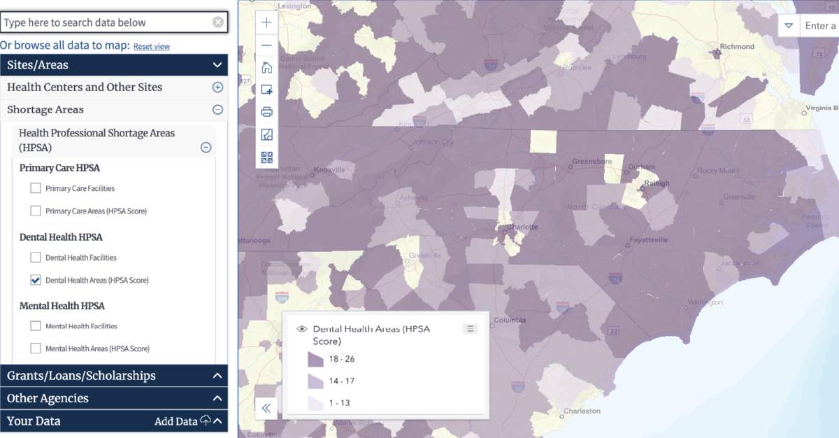 Map of dental HPSAs in NC