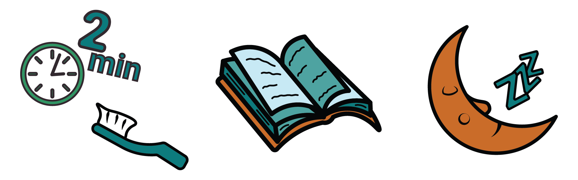 Brush Book Bed web banner with a toothbrush, book, and sleeping moon